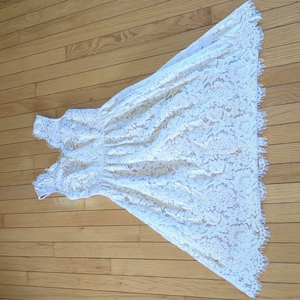 Lulus Love Swept White Lace Midi Skater Dress, XS